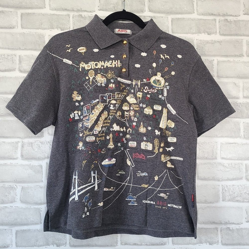 Vtg Aris Yokohama Motomachi Polo Shirt Rare All Over Print Unisex *no tag